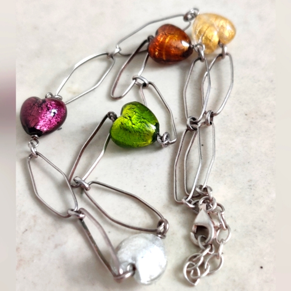Murano Glass Hearts Sterling Silver 925 Necklace Made In Italy